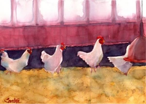 Henhouse Chickens : Signed LE Art Print: Sandra Watercolors™ California - Picture 1 of 2