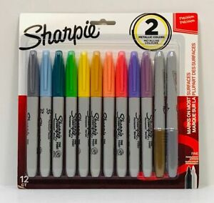 NEW SHARPIE PERMANENT MARKERS 12 COUNT FINE POINT w/ (2) METALLIC COLORS