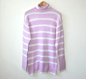 EX NEW LOOK PINK+CREAM STRIPE KNIT ROLL NECK LONG JUMPER SIZE 10 SMALL LAST ONE - Picture 1 of 9