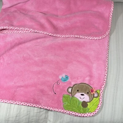 HTF Garanimals Plush Baby Blanket Pink w/ Monkey Blue Bird Fleece Girls Lovey N1 - Image 1 of 4