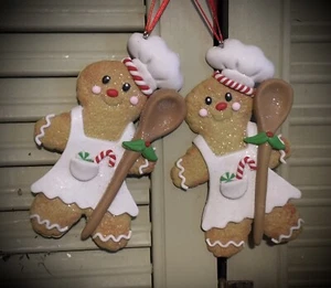 2 Sweet Gingerbread man / woman Chef Christmas Tree Ornaments w Apron & Spoon - Picture 1 of 19