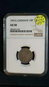 1901G Germany Ten Pfennig NGC AU58 ABOUT UNCIRCULATED 10P Coin PRICED TO SELL! - Picture 1 of 4