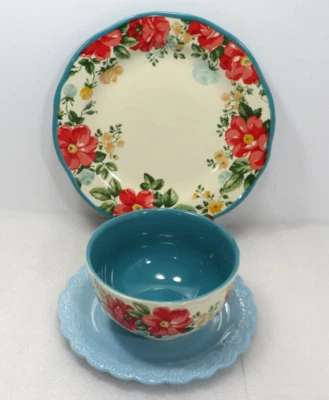 The Pioneer Woman Floral, Verde azulado Juego de 3 piezas - Plato de cena, Plato de ensalada Cereal Bowl Foto 1 de 4