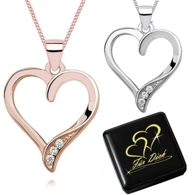 Damen Halskette Zirkonia Herz Anhänger aus echtem 925 Silber Gold Rosegold Kette - Bild 1 von 4