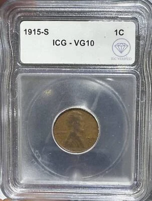 1915 S Small Cents Lincoln, Wheat Ears Reverse ICG VG-10 IDC Verified - Image 1 of 2