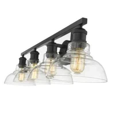 Tocador de baño Golden Lighting Carver de 4 luces en negro con pantallas de vidrio transparente Foto 1 de 4