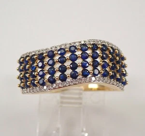 Yellow Gold Diamond and Sapphire Wave Ring Cluster Band Size 7.25 September Gem - Picture 1 of 5