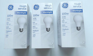 LOT OF 3 GE Rough Service Incandescent Worklight Bulb, A21,100 W, -NEW-