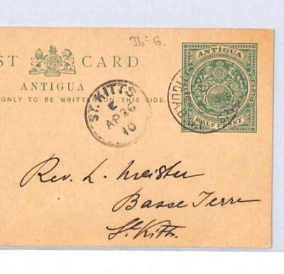 ANTIGUA KEVII Postal Stationery Card *St Kitts* 1910 CDS {samwells-covers}YJ88 - Image 1 of 4
