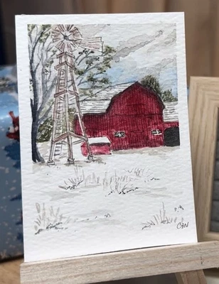 Оригинальная картина ACEO/ATC 2,5 x 3,5 дюйма, акварельные чернила, сарай зимняя ветряная мельница - Изображение 1 из 2