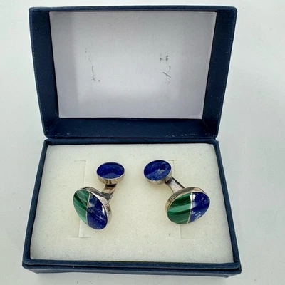 КРУГЛЫЕ ЗАПОНКИ ИЗ СТЕРЛИНГОВОГО СЕРЕБРА 950, ЛАЗУРИТА И МАЛАХИТА - Изображение 1 из 4