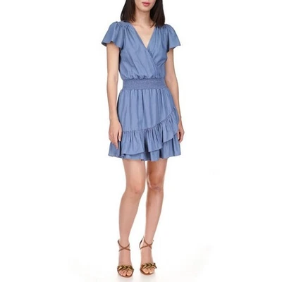 Michael Kors Women Blue Cotton Tiered Faux-Wrap Fit & Flare Mini Dress Size XS - Image 1 of 4