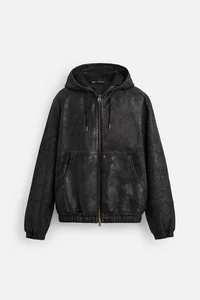New Zara Hooded Leather Jacket Black-Brown 4720/350 S coat outerwear jeans vest - Picture 1 of 8
