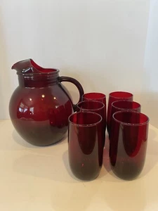 Vintage Royal Ruby Red Glass Ball Pitcher Anchor Hocking Set W/ 6 Glasses - Picture 1 of 4