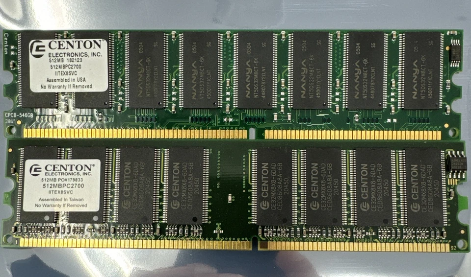 2 STICKs CENTON ELECTRONICS MEMORY 512MB DDR PC2700 - 1GB TOTAL - Image 1 of 3