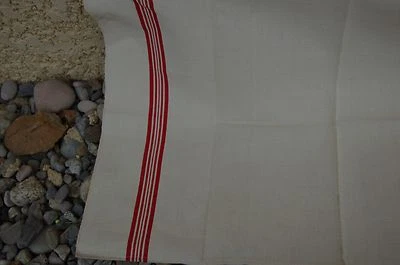 ancien torchon en toile metis lin ecrue et rayures rouges - vaiselle ---//CI// - Photo 1/2