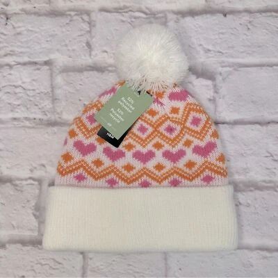 Chapéu de malha H&M Beanie Pom stretch coração nórdico preppy rosa laranja elástico com nervuras - Imagem 1 de 4