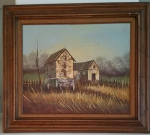 OIL ON CANVAS, CABIN AND BARN RURAL WOODS LANDSCAPE SIGNED BY W. NEWPORT 32"X28" - Picture 1 of 3