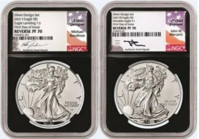2021 AMERICAN EAGLE 1oz Silver 2 Coin Designer Edition PF70 FDOI REVERSE PROOF  - Image 1 of 4