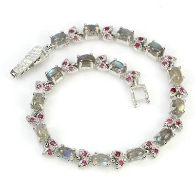 925 STERLING SILVER 3.60 CTW LABRADORITE & RUBY BRACELET, 7'' - Image 1 of 2