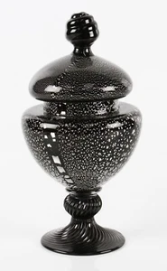 Vintage Archimede Seguso schwarzes Glas mit silberner Blattfußvase und Bezug - Bild 1 von 7