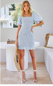 NTW Women Floral Puff Sleeve Mini Dress Square Neck Ruffle Hem Bodycon Dresses - Picture 1 of 8