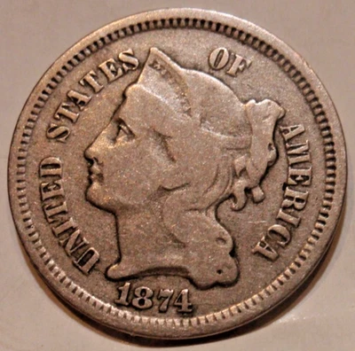 1874 3 Cent Nickel Circulated Great Detail Low Mintage Type Coin - Image 1 of 3