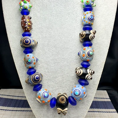 Big Beads Vintage Venetian style Fancy Skunk Eyes Glass beads Necklace Foto 1 de 4