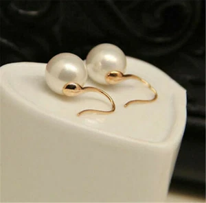 Stud Pearl Crystal White Lady Women Pair Rhinestone 1 Gold Ear Earrings Elegant - Picture 1 of 2