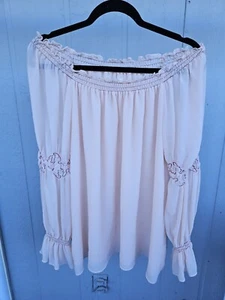 Max Studio Size Large Blouse Top Blush Pink Women’s Cotton Puff Sleeves Sheer - Picture 1 of 10