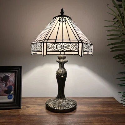 Tiffany Style Table Lamp White Stained Glass Hexagon Included LED Bulb 19"H*12"W - Image 1 of 4