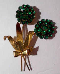 VTG Retro Sterling Brooch FLORAL Spray Flower Green Rhinestones Pin Brooch - Picture 1 of 9