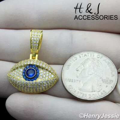 HOMBRE MUJER 925 PLATA ESTERLINA CIRCONITA HELADA AZUL 3D MAL DE OJO CHAPADO EN ORO COLGANTE*AGP370 Foto 1 de 4