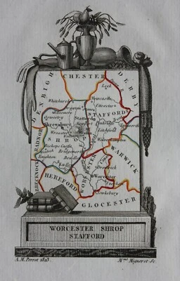 WORCESTERSHIRE, SHROPSHIRE, STAFFORDSHIRE original antique map, Perrot, 1828 - Image 1 of 2
