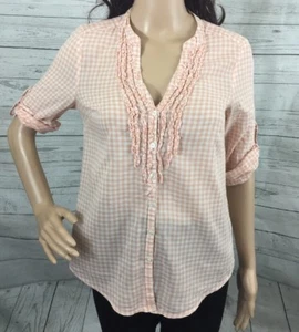 LC Lauren Conrad Pink Gingham Blouse XS V-Neck Ruffled Button Down Shirt Casual - Picture 1 of 12