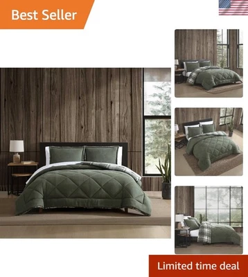 Juego de edredón Queen inspirado en Lodge, reverso de piel de oveja sintética de felpa, encantador a cuadros Foto 1 de 4