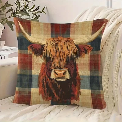 Highland Cow Cushion Cover Rustic Tartan Farmhouse Style Home Decor Pillow Case - Image 1 of 3