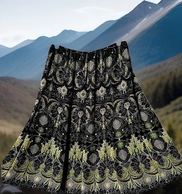 JM Collection Skirt 14 Black And Green silky Whimsigoth Fairycore Boho Floral - Image 1 of 4