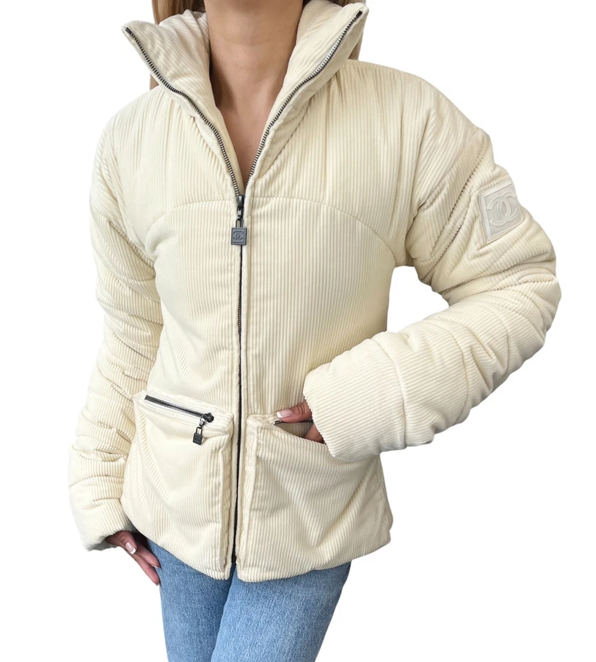 CHANEL Sport Vintage CC Corduroy Puffer Jacket Zip #36 Cream Black Silver - Image 1 of 4