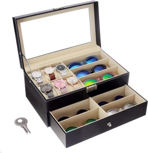 Leather Watch Box and Sunglass Glasses Case Organizer and Jewelry Display Dra... - Picture 1 of 7
