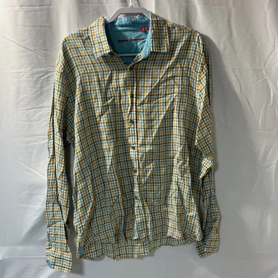 Report Collection Long Sleeve Shirt XL Yellow Blue Checkered 100% Linen Button - Image 1 of 4