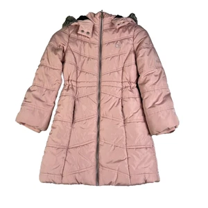 Calvin Klein Puffer Jacket Girls M ( 8/10 ) Pink Full Length Coat Hood Faux Fur - Picture 1 of 14