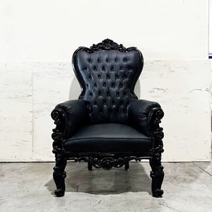 French Style Black Leather Throne Chair Midsize Tufted Chair - Picture 1 of 5