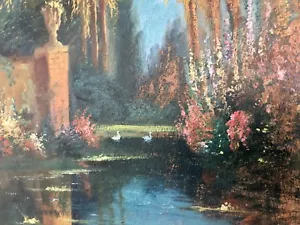 Eccezionale antico dipinto ad olio gotico pastello parco urbano cornice antica - Foto 1 di 6
