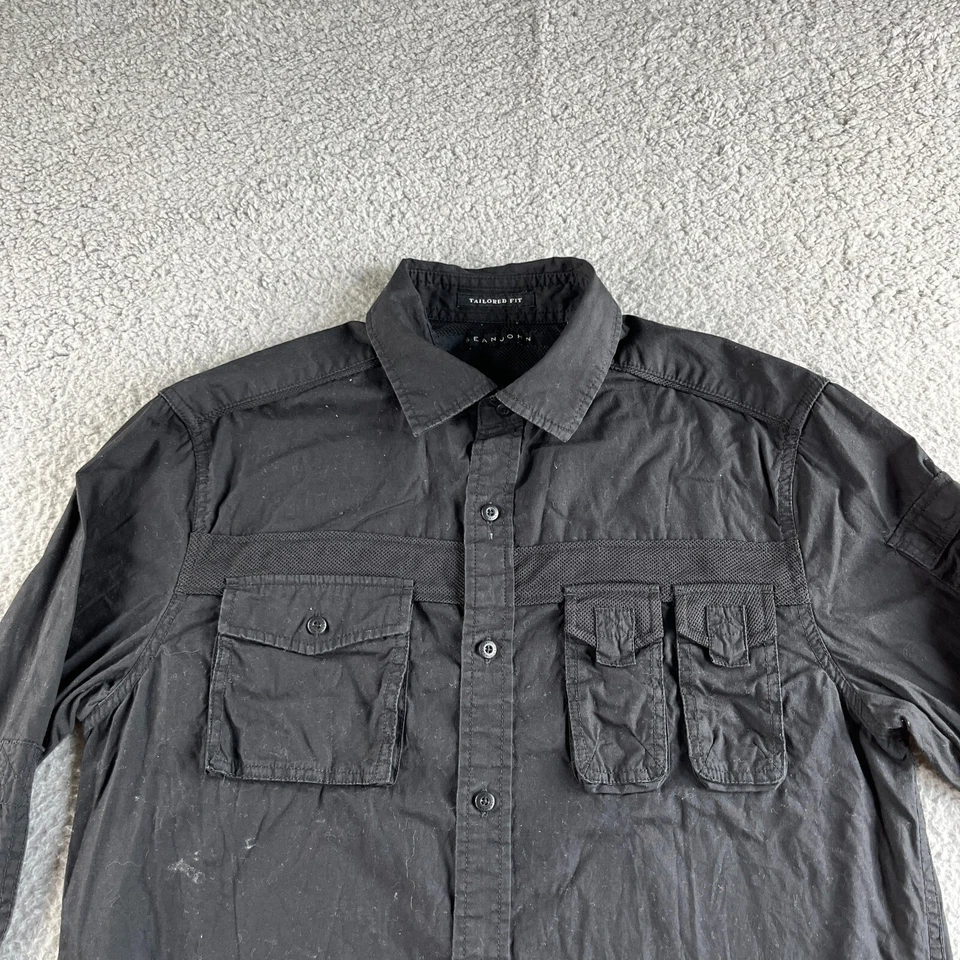 Camisa Sean John Para Hombre Mediana Negra Abotonada Ajuste A Medida Bolsillo Militar Exterior Foto 1 de 4
