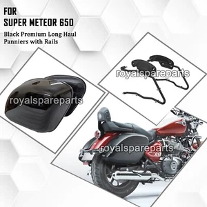 Genuine Royal Enfield "Super Meteor 650" Black LH & RH Panniers with Railing - Picture 1 of 16