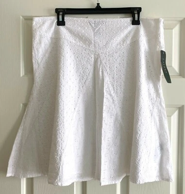 NUEVO CON ETIQUETAS NUEVO RALPH LAUREN MUJER BLANCO OJALES PLISADO FALDA TALLA 14 FORRADO ALGODÓN CREMALLERA Foto 1 de 4