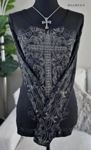 USA New VOCAL APPAREL CRYSTAL STUDDED BLACK CROSS LONG SLEEVE SHIRT S Small Y2K - Picture 1 of 5
