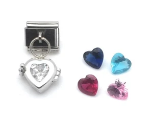 Heart Italian Charm Bracelet Locket Link Cubic Zirconia & Sterling Silver 9 mm - Picture 1 of 12