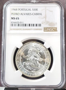 1968 PORTUGAL SILVER 50 ESCUDOS PEDRO ALVARES CABRAL NGC MS 65 SCARCE GEM BU - Picture 1 of 3